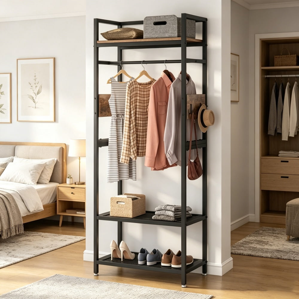 Freestanding Metal Clothes Rack with Shelves and Hooks, 300 Pound Capacity - Image 6