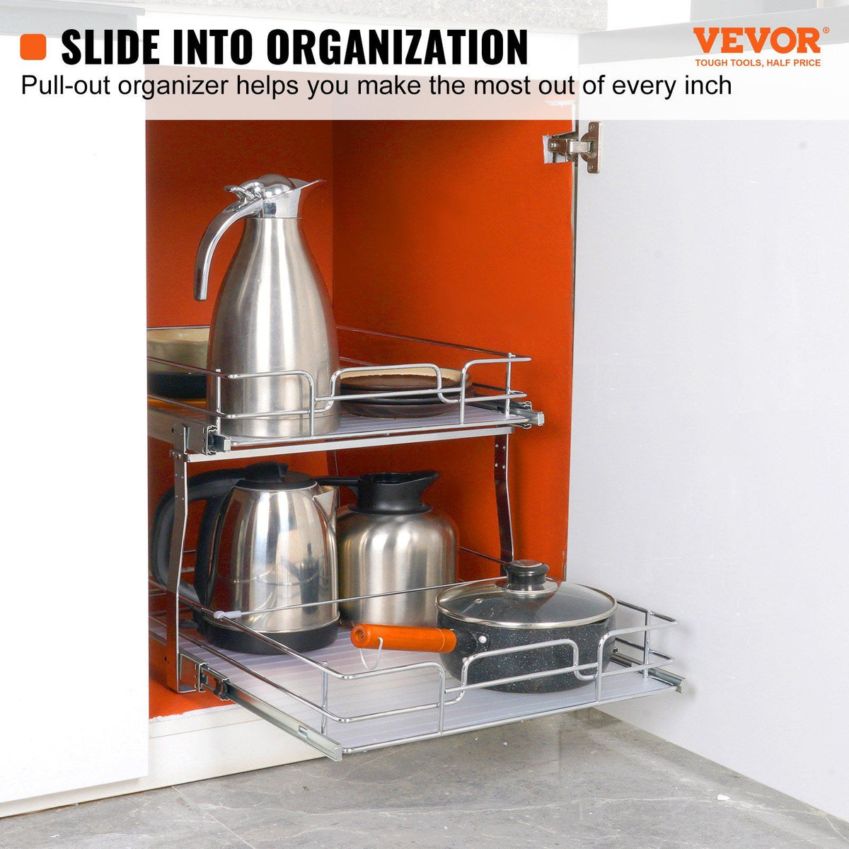 Two Tier Pull-Out Cabinet Organizer, 20 x 21 Inch Chrome Steel Sliding Shelves - Image 3