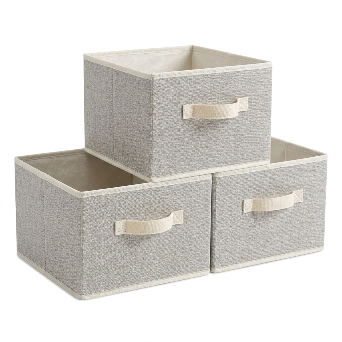 Collapsible Fabric Storage Bins in Beige, Three 11 x 11 x 7.8 Inch Closet Cubes