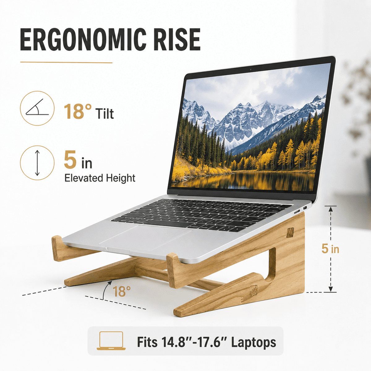 Solid Wood Laptop Riser for 14.8 to 17.6 Inch Machines, 18 Degree Tilt - Image 2