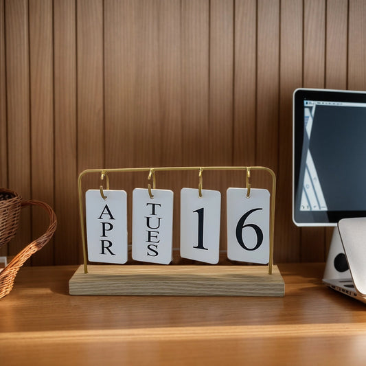 Wooden Flip Calendar with Gold Frame, Perpetual Desk Block for Month and Date - Image 2