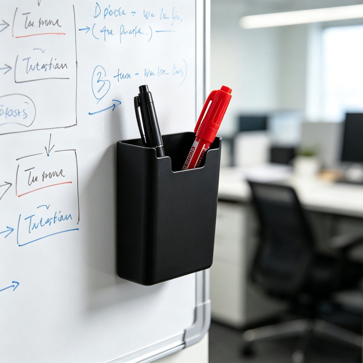 Magnetic Pen Caddy for Whiteboards, Black Plastic Marker Cup with Full-Back Magnet - Image 6