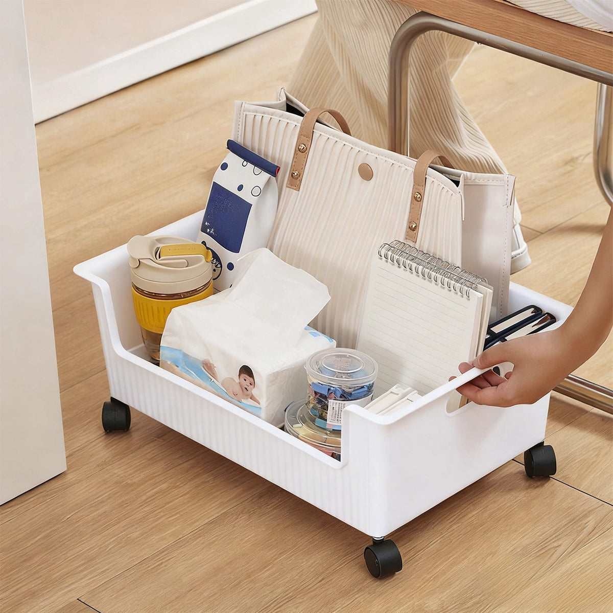 Rolling Under-Desk Storage Tray on Wheels, White Plastic Bin for Stationery - Image 4