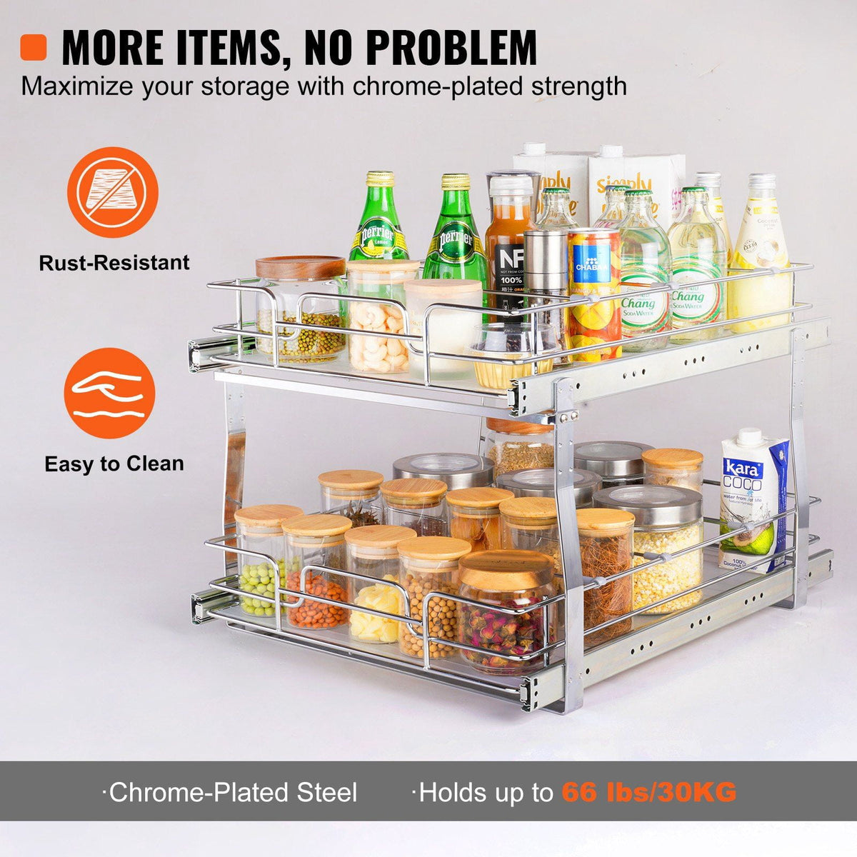 Two Tier Pull-Out Cabinet Organizer, 20 x 21 Inch Chrome Steel Sliding Shelves - Image 5