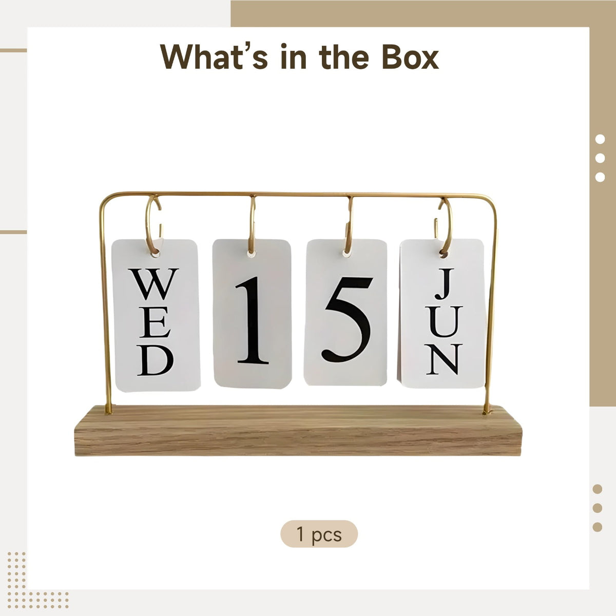 Wooden Flip Calendar with Gold Frame, Perpetual Desk Block for Month and Date - Image 3