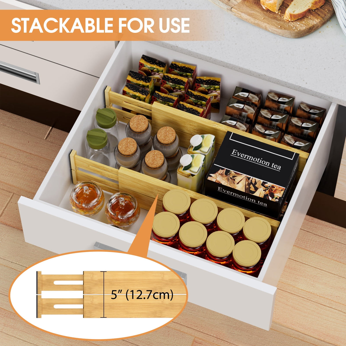 Bamboo Drawer Dividers, Four Spring-Loaded Separators Expanding 12 to 17 Inches - Image 4