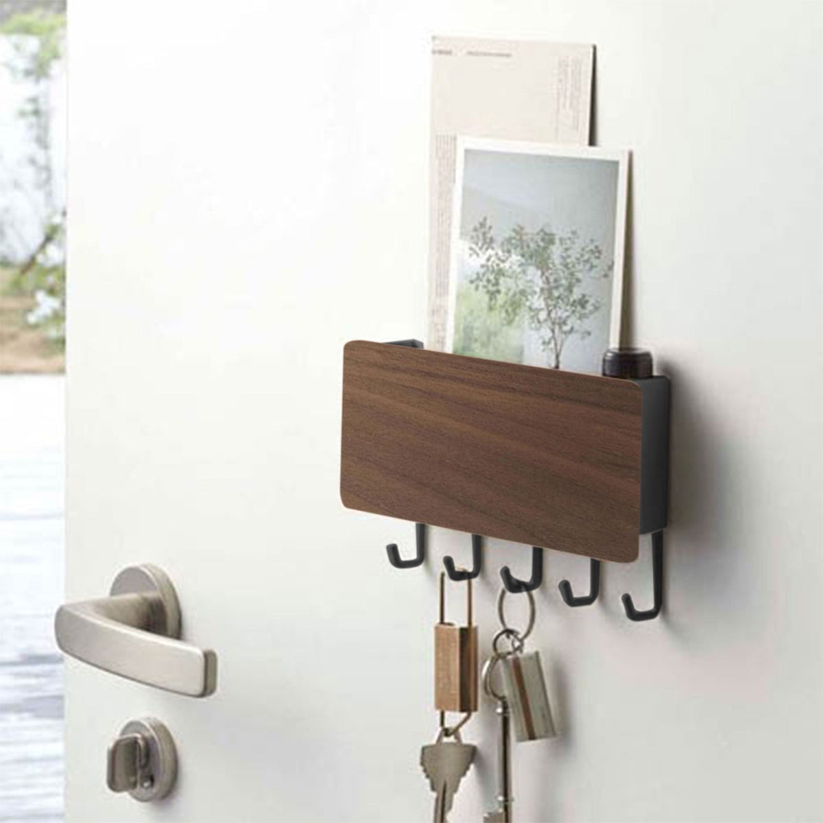 Wall Mounted Key and Mail Rack with Five Hooks, Adhesive Entryway Organizer - Image 2