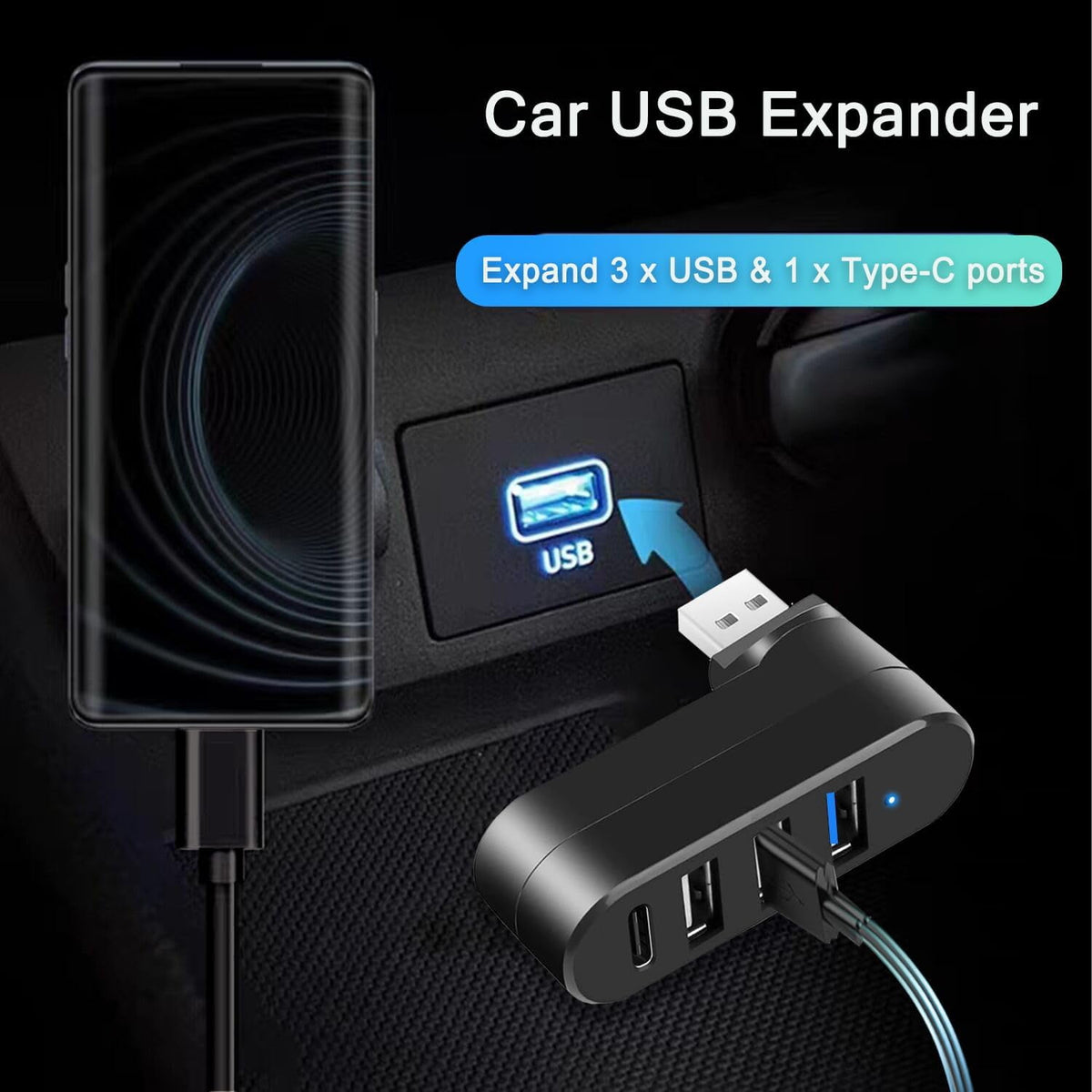 Four Port USB Hub with Rotating Connector, Three USB Ports and One USB-C - Image 3