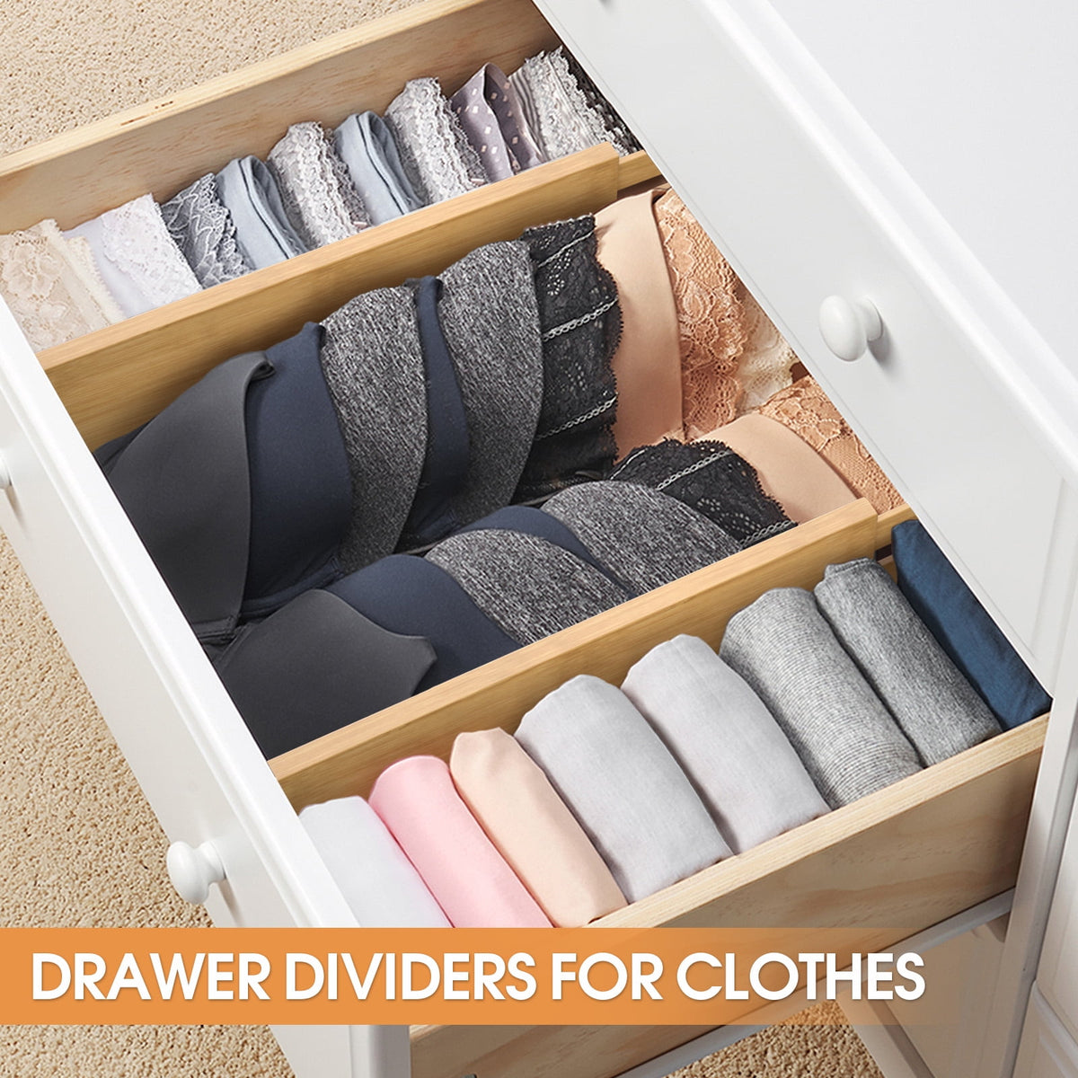 Bamboo Drawer Dividers, Four Spring-Loaded Separators Expanding 12 to 17 Inches - Image 3