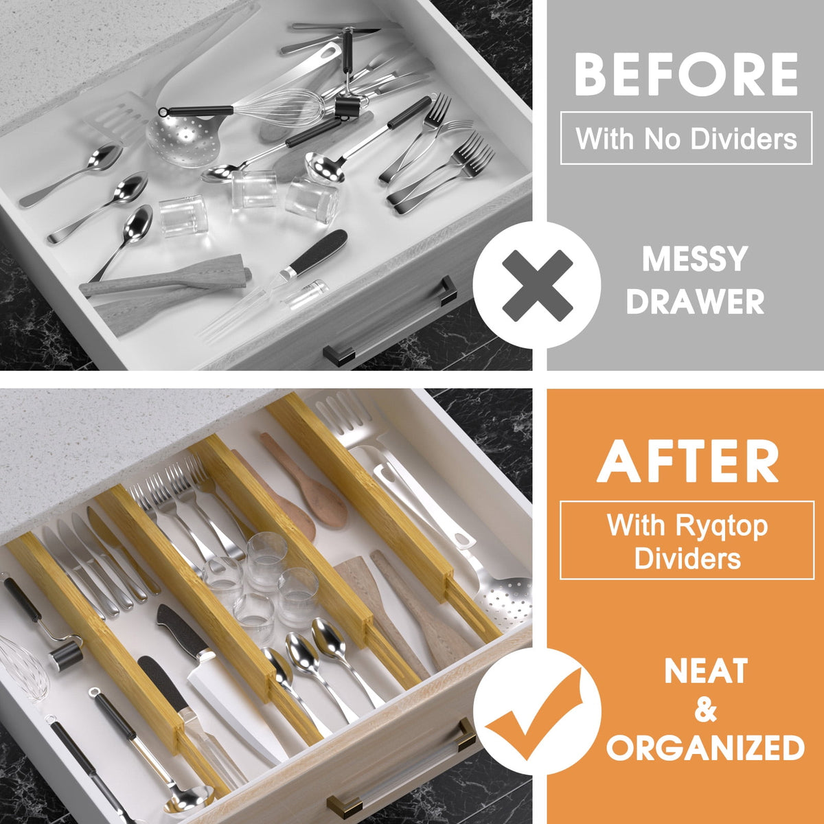 Bamboo Drawer Dividers, Four Spring-Loaded Separators Expanding 12 to 17 Inches - Image 2