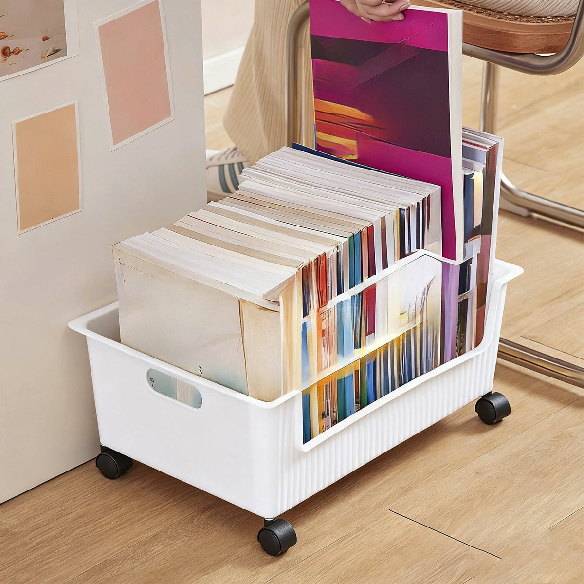 Rolling Under-Desk Storage Tray on Wheels, White Plastic Bin for Stationery - Image 6