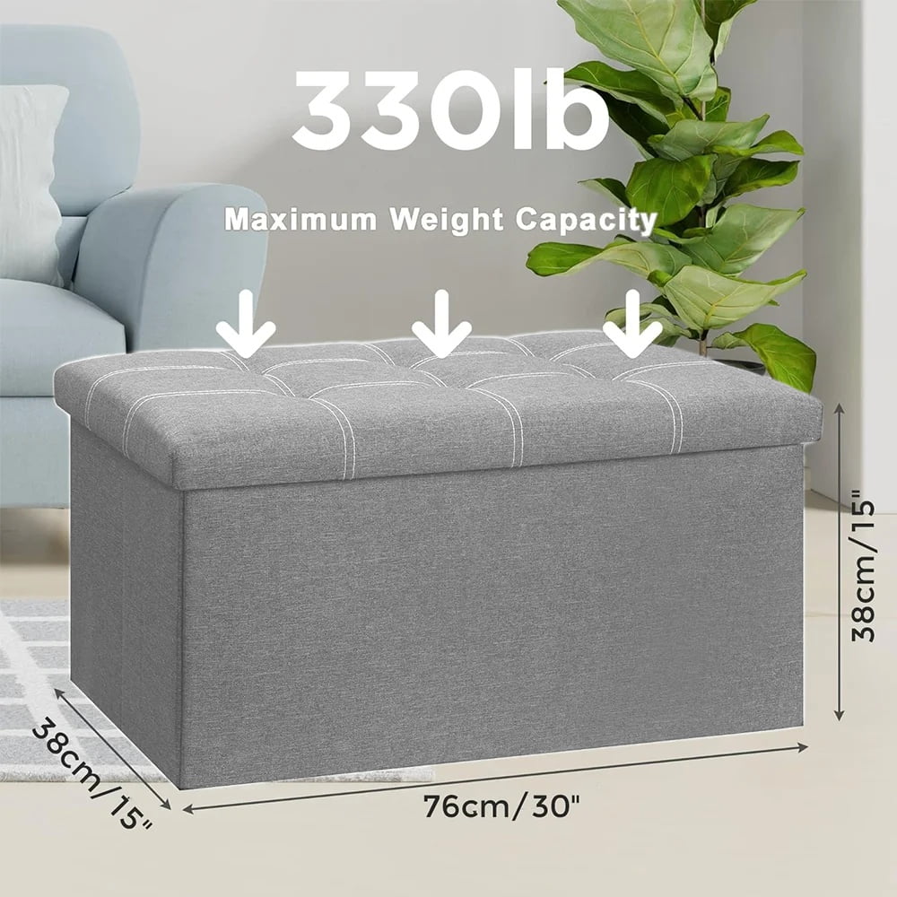 Folding Storage Ottoman Bench in Grey Linen, 30 Inch Lidded Footstool - Image 3