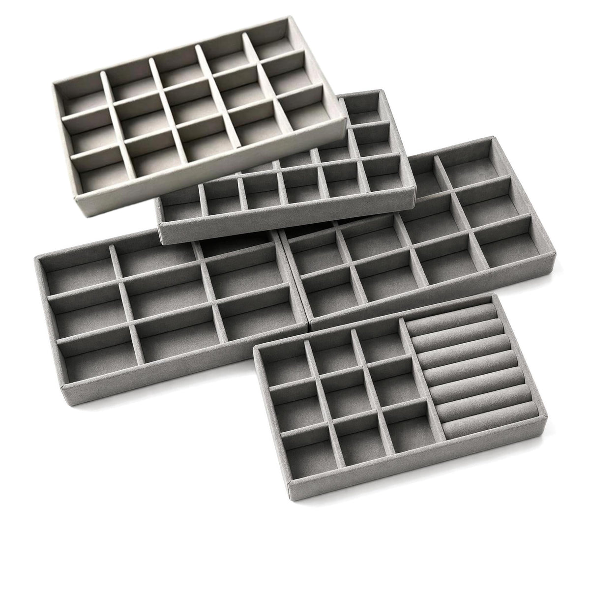 Stackable Velvet Jewellery Trays, Set of Five Grey Drawer Inserts