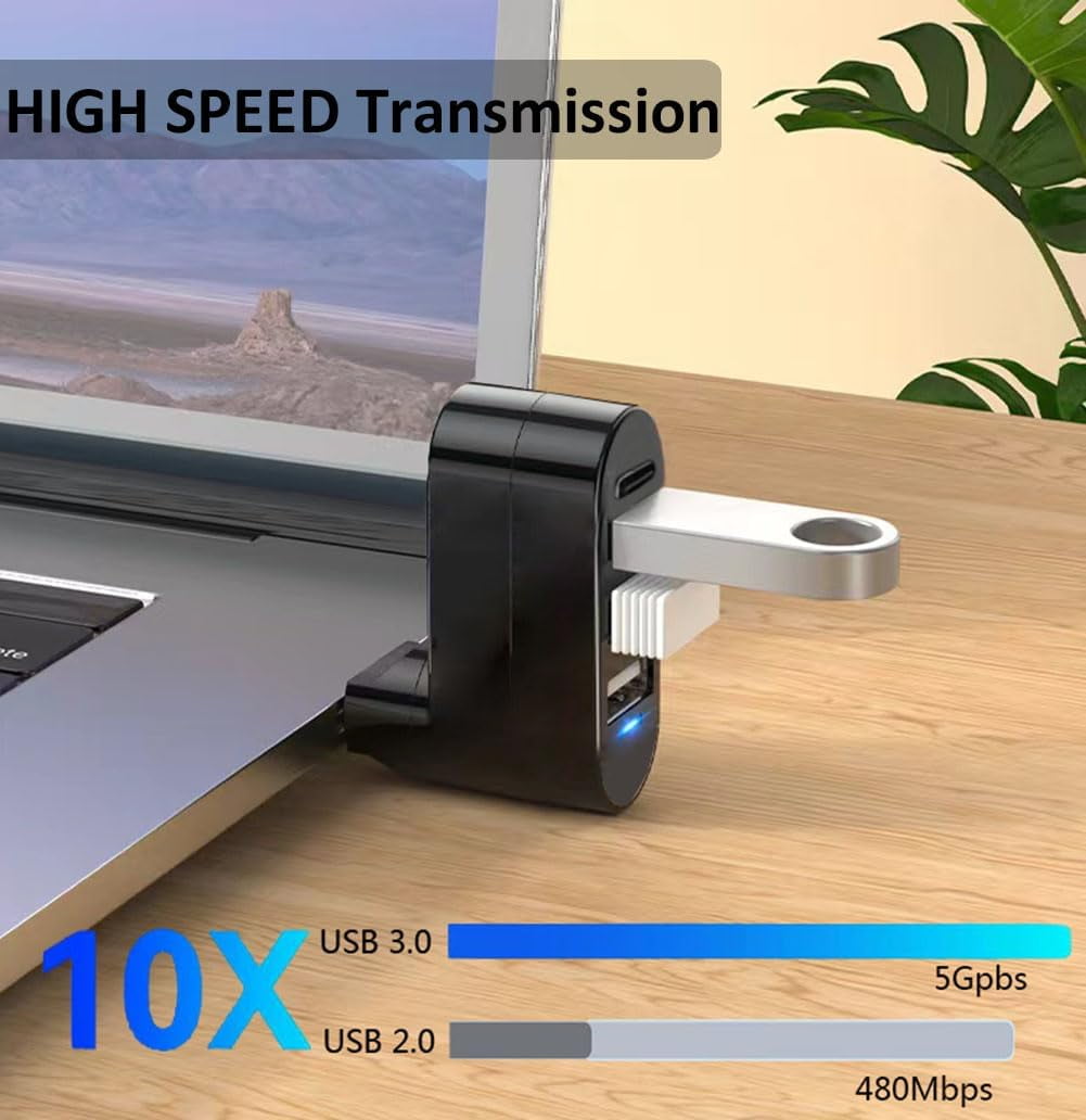 Four Port USB Hub with Rotating Connector, Three USB Ports and One USB-C - Image 4
