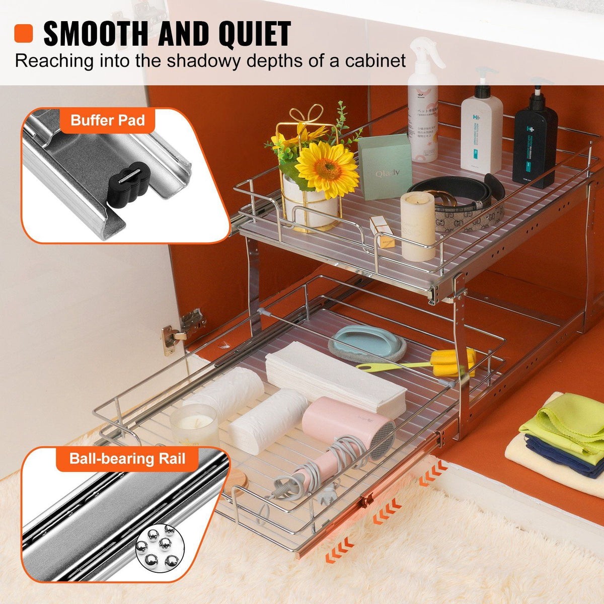 Two Tier Pull-Out Cabinet Organizer, 20 x 21 Inch Chrome Steel Sliding Shelves - Image 4