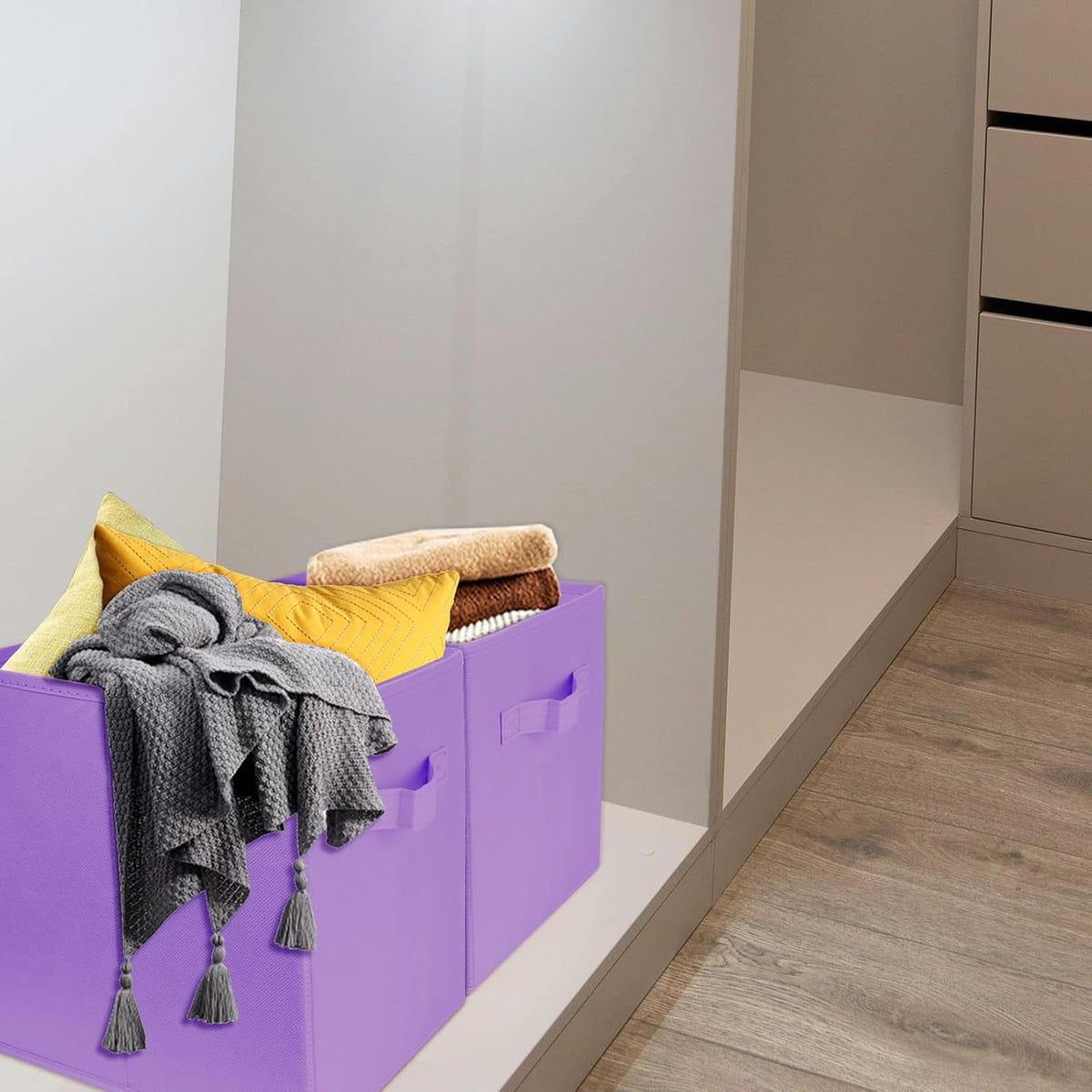 Purple Cube Storage Baskets, Pair of 10.5 Inch Folding Fabric Drawers - Image 6