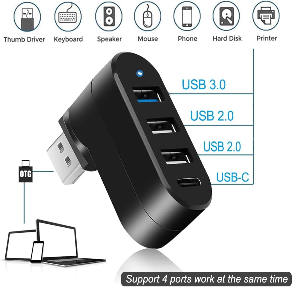 Four Port USB Hub with Rotating Connector, Three USB Ports and One USB-C - Image 2