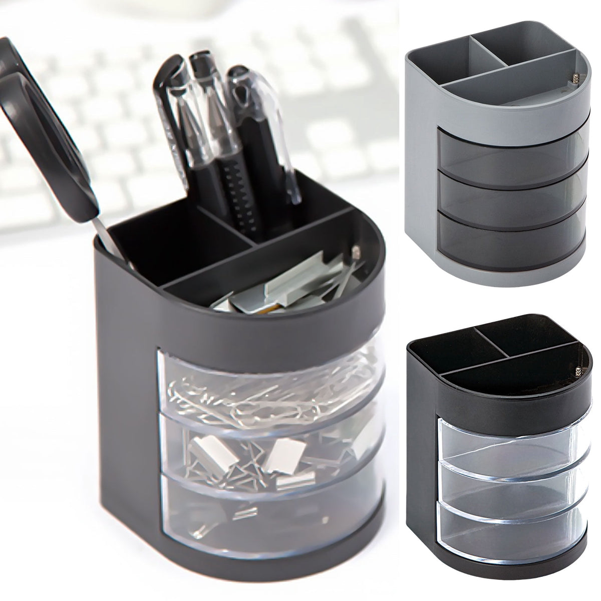 Rotating Desk Caddy with Three Clear Drawers and Two Pen Wells - Image 6