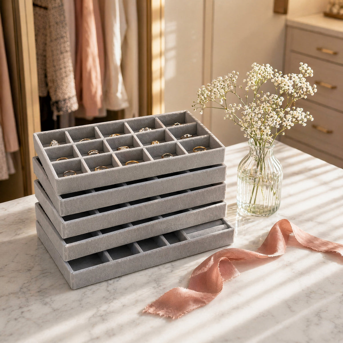Stackable Velvet Jewellery Trays, Set of Five Grey Drawer Inserts - Image 2