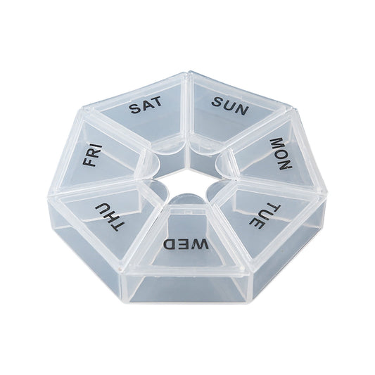 Weekly Pill Organizer with Seven Coloured Lids, Round Travel Case