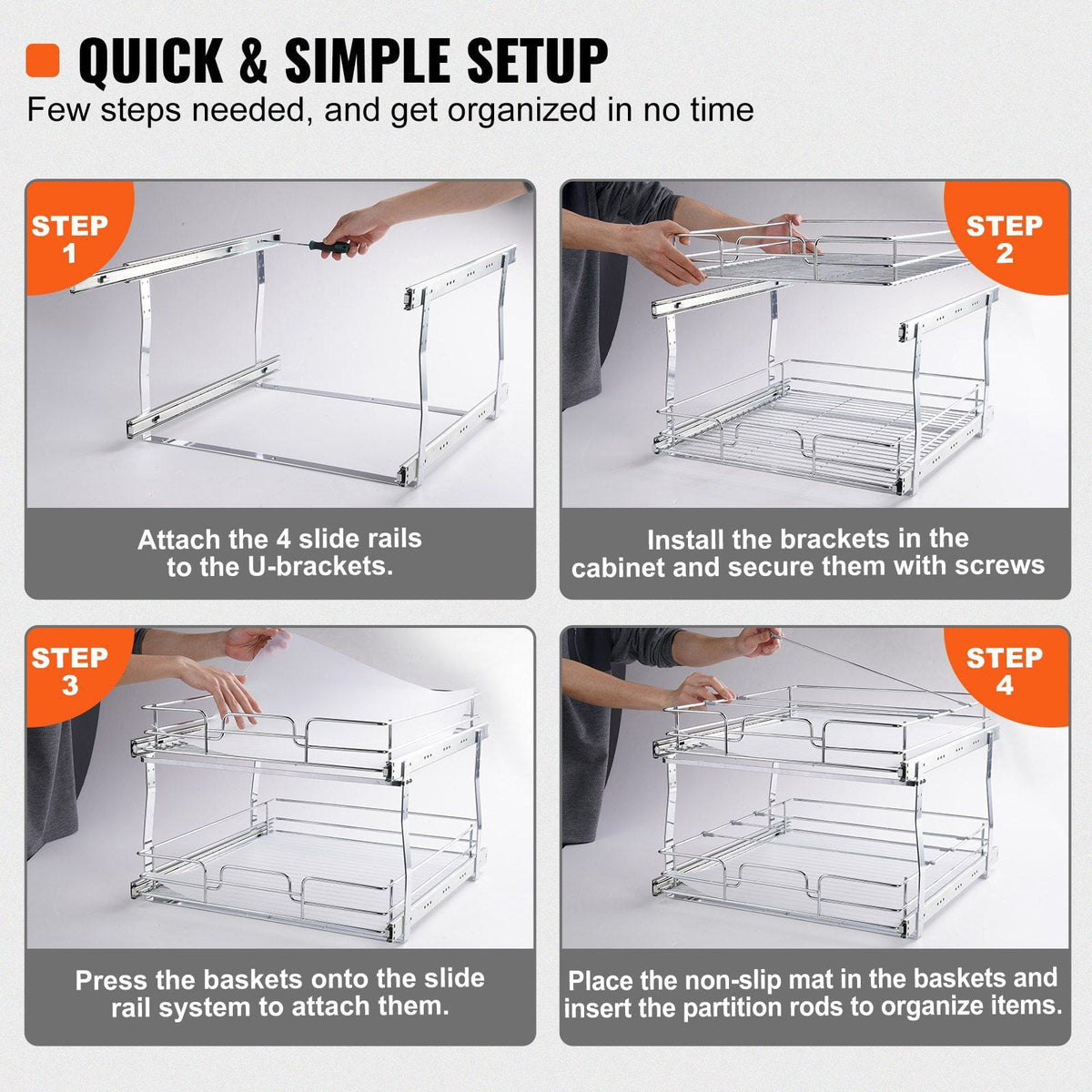 Two Tier Pull-Out Cabinet Organizer, 20 x 21 Inch Chrome Steel Sliding Shelves - Image 6