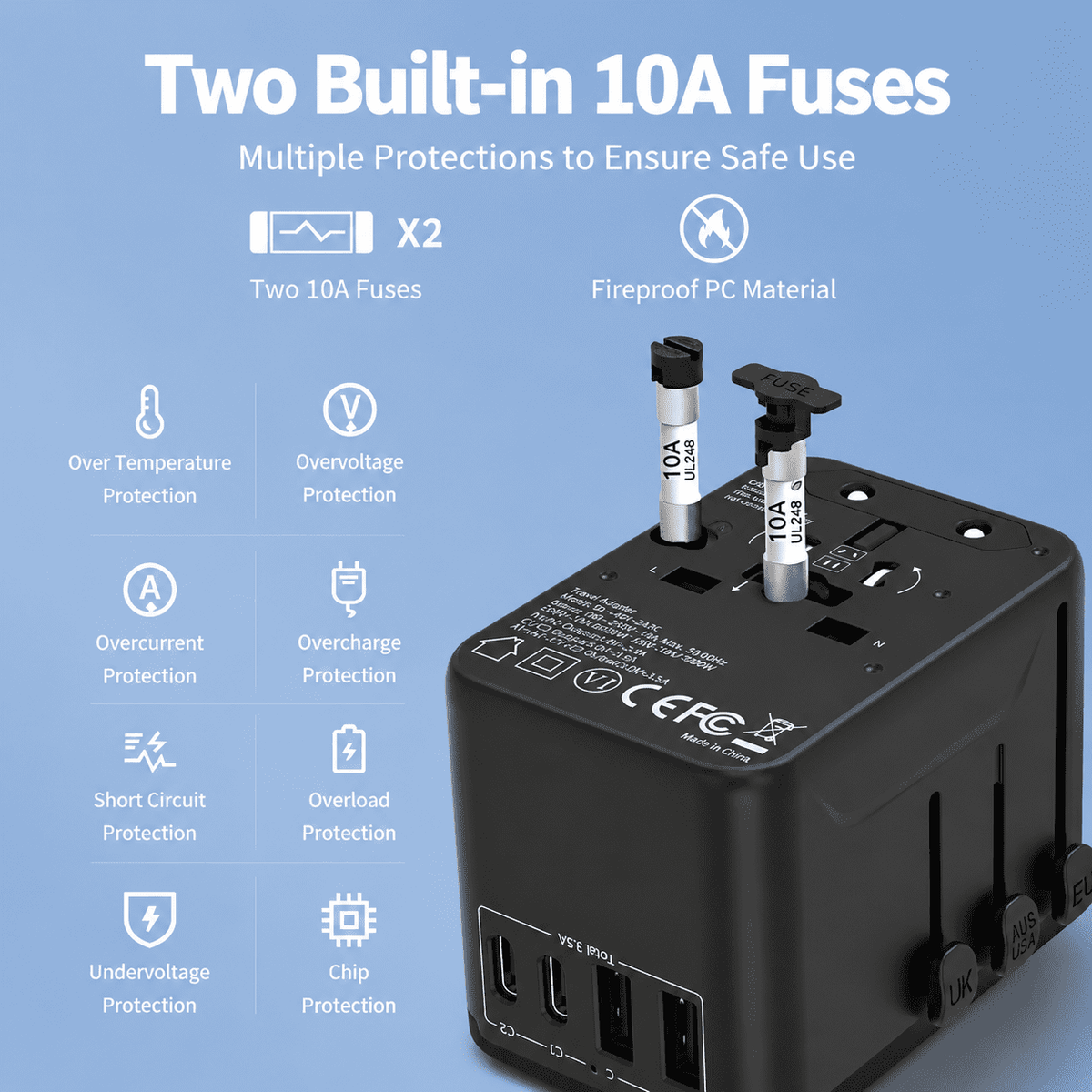 Universal Travel Adapter with USB Ports and a Worldwide AC Outlet - Image 4
