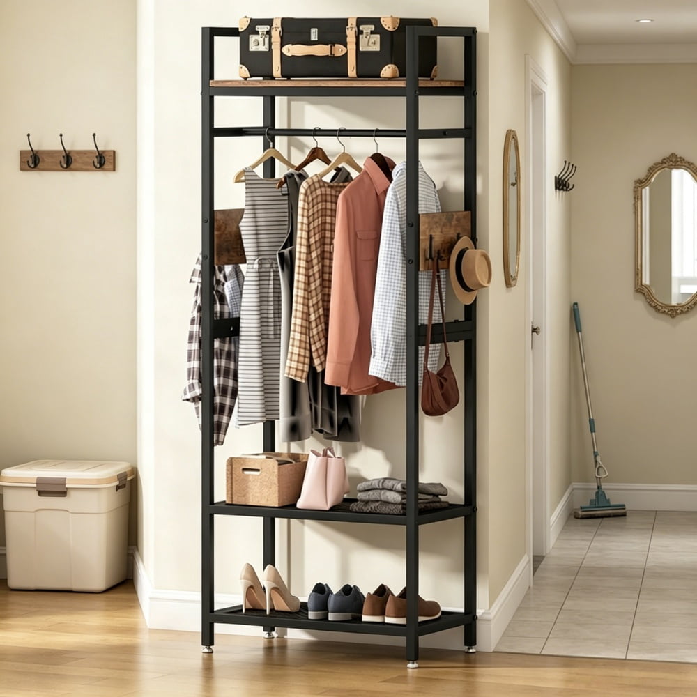 Freestanding Metal Clothes Rack with Shelves and Hooks, 300 Pound Capacity - Image 5