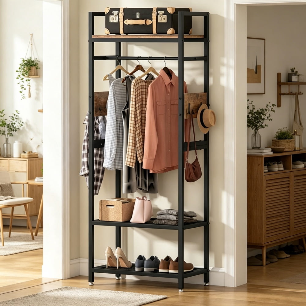 Freestanding Metal Clothes Rack with Shelves and Hooks, 300 Pound Capacity - Image 2