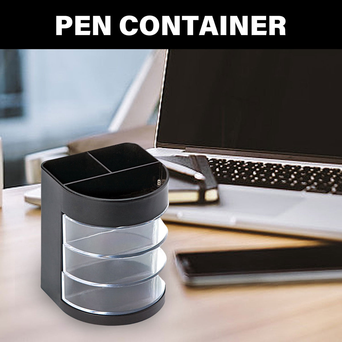 Rotating Desk Caddy with Three Clear Drawers and Two Pen Wells - Image 5