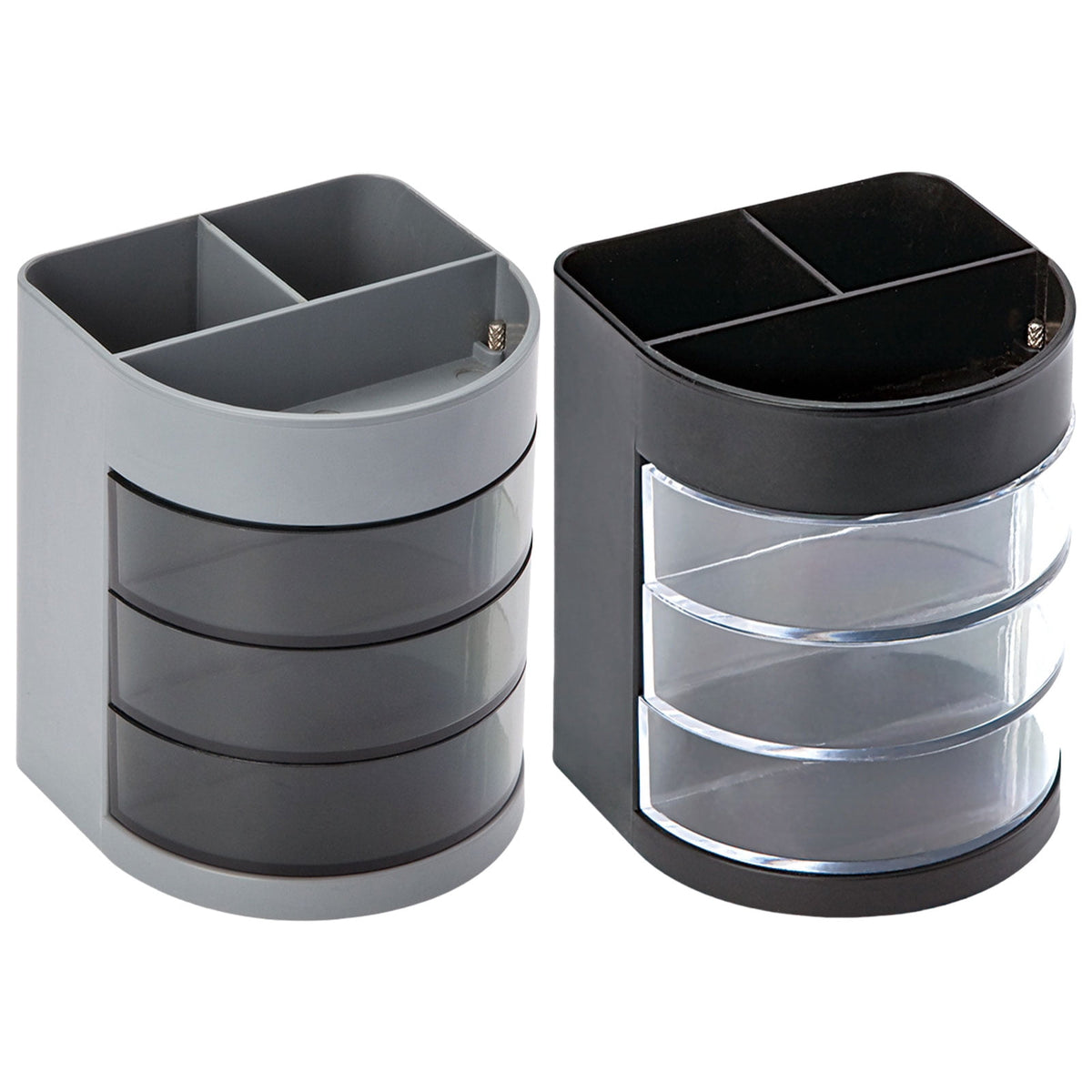 Rotating Desk Caddy with Three Clear Drawers and Two Pen Wells