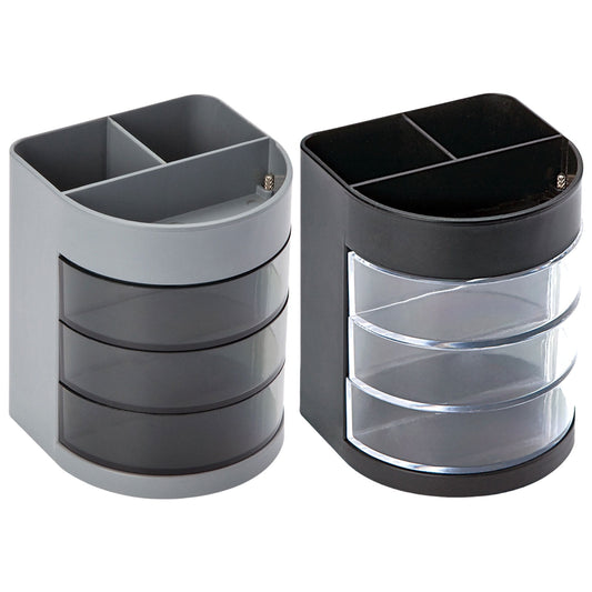 Rotating Desk Caddy with Three Clear Drawers and Two Pen Wells