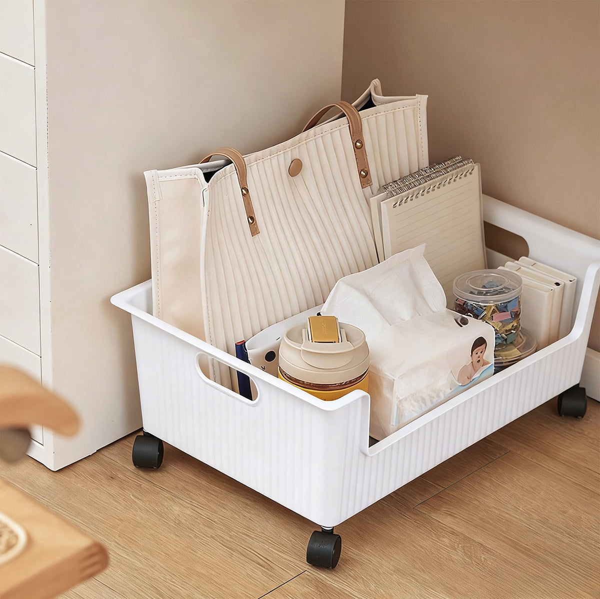 Rolling Under-Desk Storage Tray on Wheels, White Plastic Bin for Stationery - Image 5