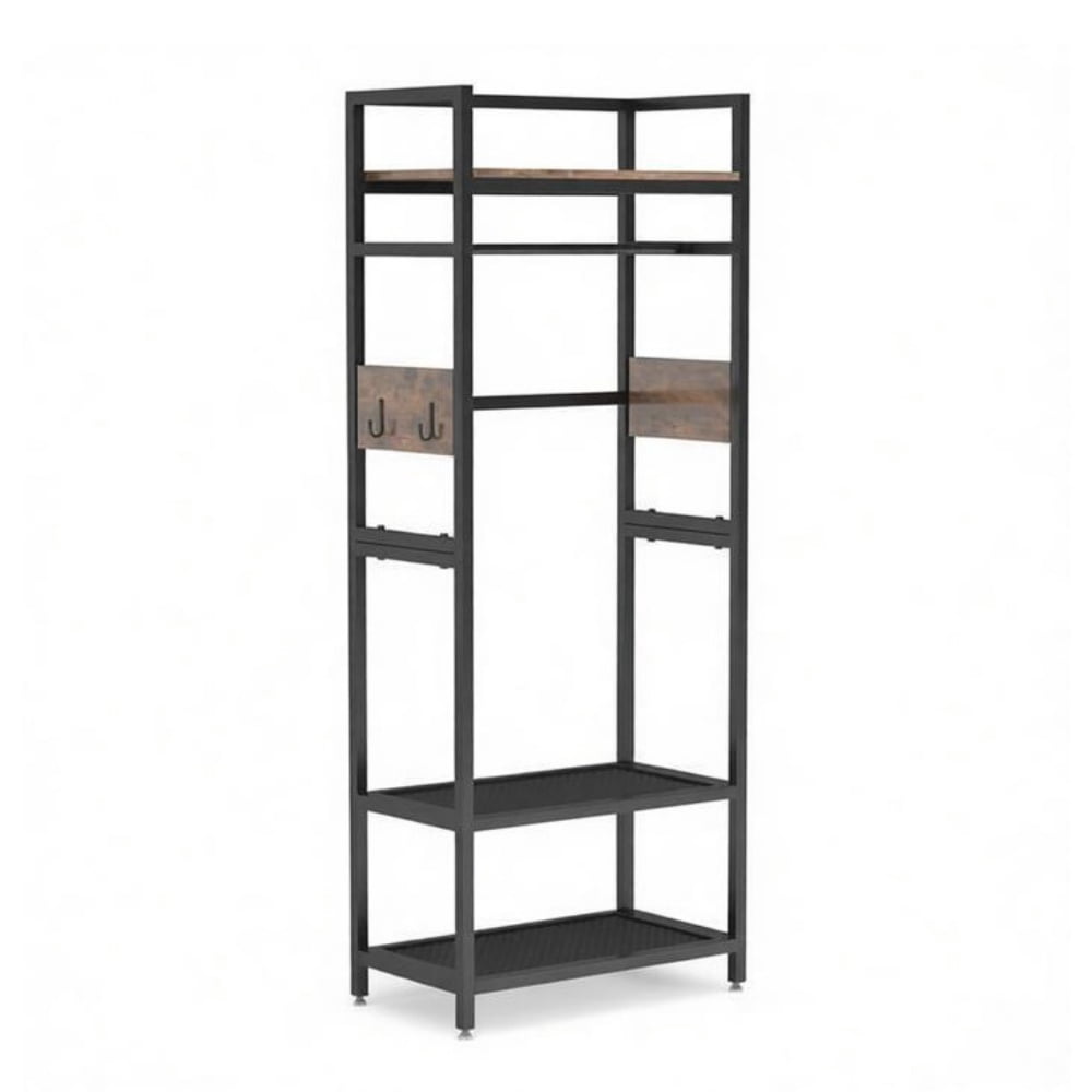 Freestanding Metal Clothes Rack with Shelves and Hooks, 300 Pound Capacity