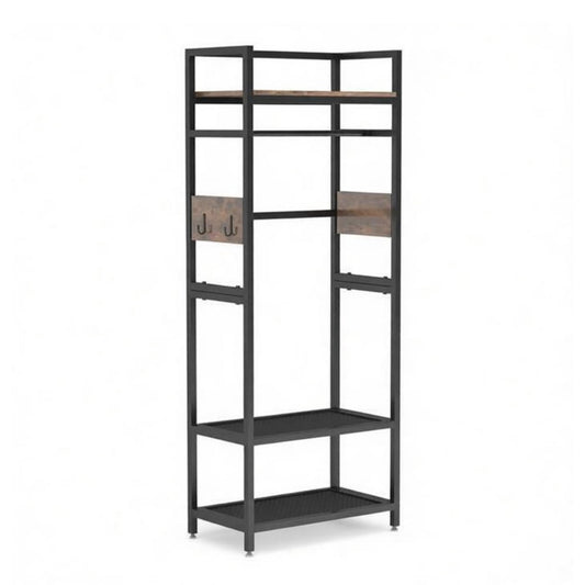 Freestanding Metal Clothes Rack with Shelves and Hooks, 300 Pound Capacity