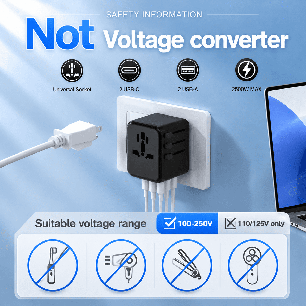 Universal Travel Adapter with USB Ports and a Worldwide AC Outlet - Image 6