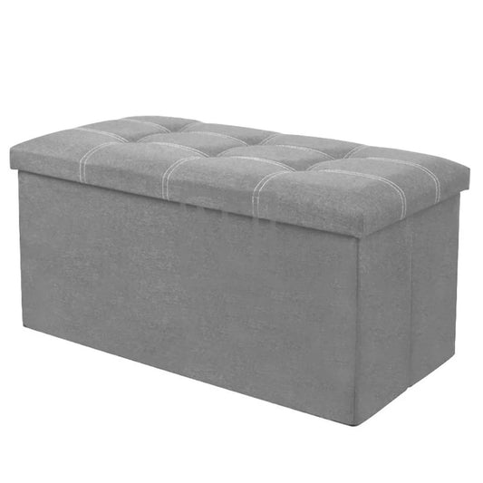 Folding Storage Ottoman Bench in Grey Linen, 30 Inch Lidded Footstool