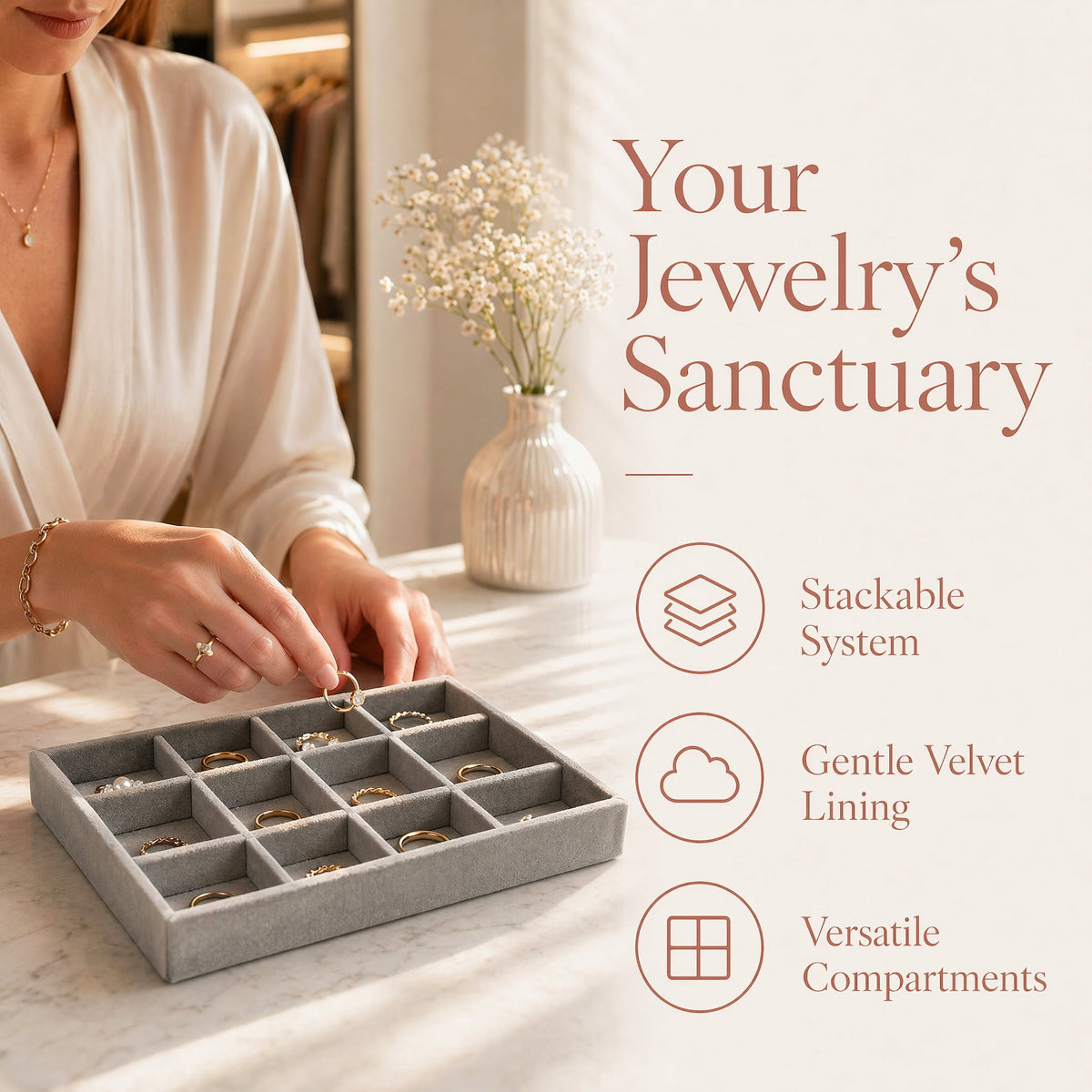 Stackable Velvet Jewellery Trays, Set of Five Grey Drawer Inserts - Image 4