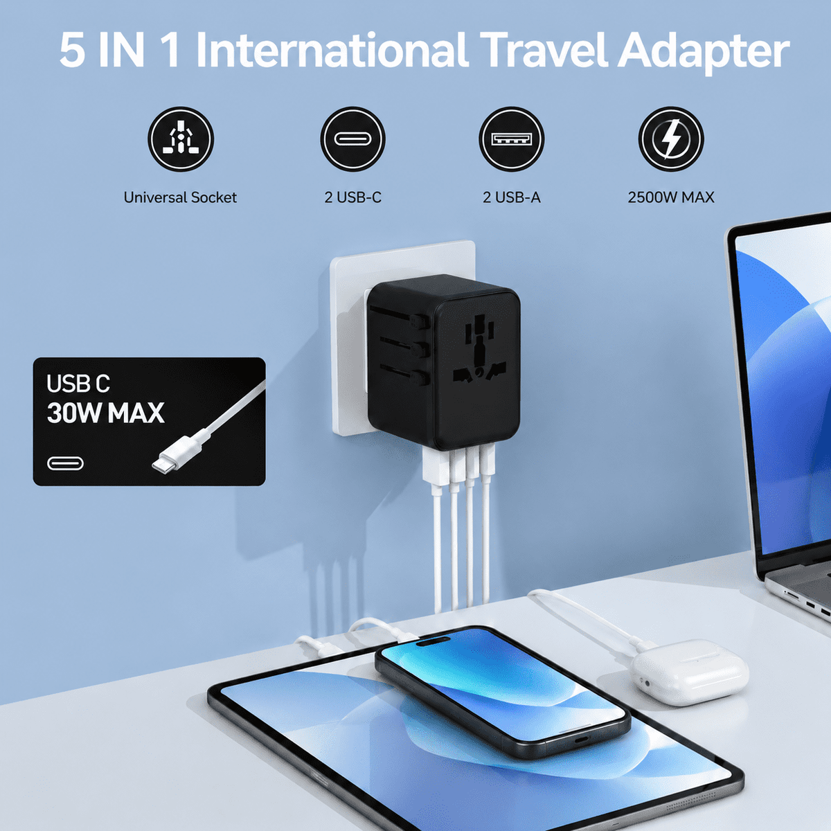 Universal Travel Adapter with USB Ports and a Worldwide AC Outlet - Image 2