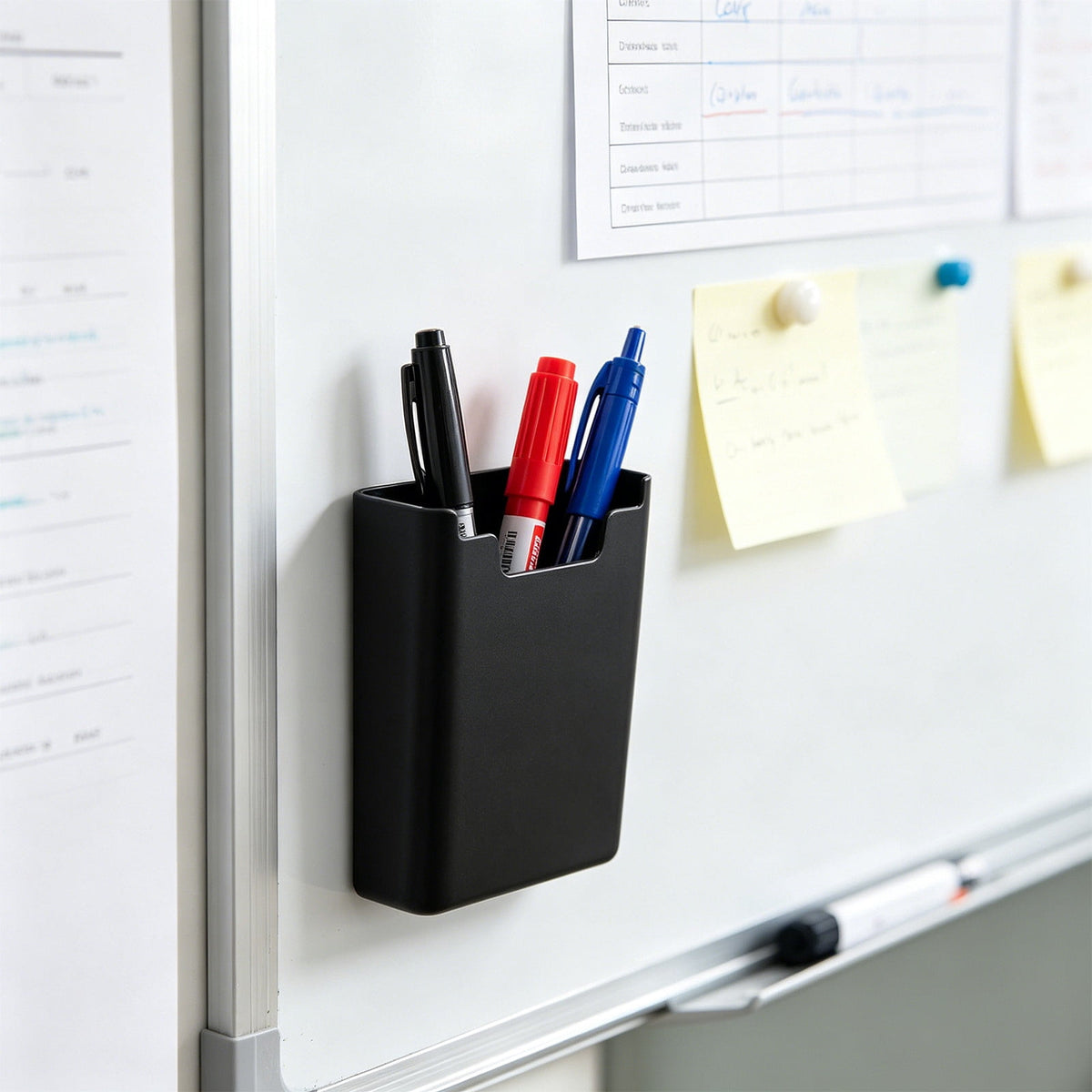 Magnetic Pen Caddy for Whiteboards, Black Plastic Marker Cup with Full-Back Magnet - Image 3