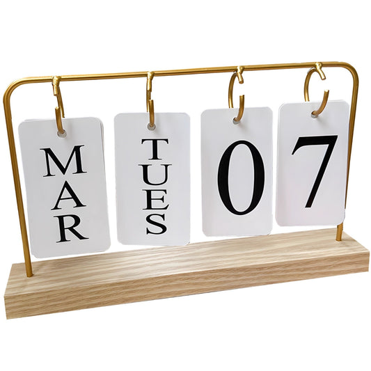 Wooden Flip Calendar with Gold Frame, Perpetual Desk Block for Month and Date
