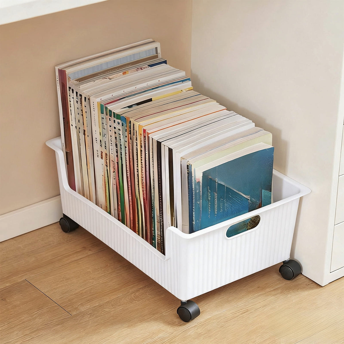Rolling Under-Desk Storage Tray on Wheels, White Plastic Bin for Stationery - Image 2