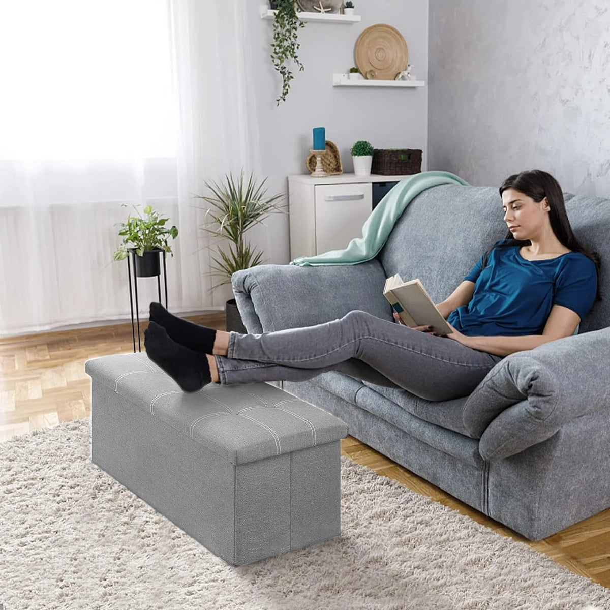 Folding Storage Ottoman Bench in Grey Linen, 30 Inch Lidded Footstool - Image 4