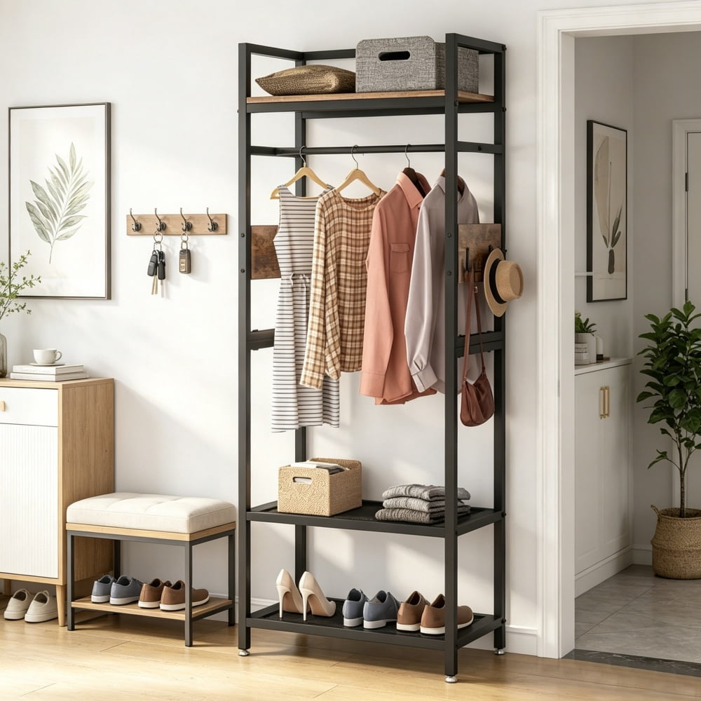 Freestanding Metal Clothes Rack with Shelves and Hooks, 300 Pound Capacity - Image 4