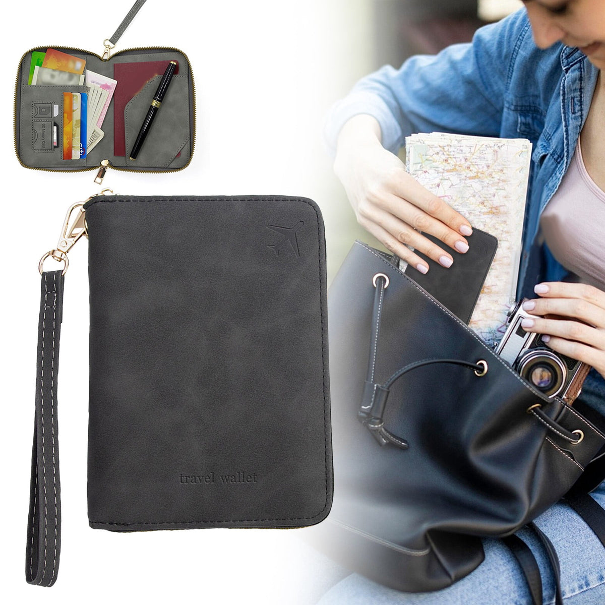 RFID Blocking Passport Wallet, Zip Travel Document Organizer in Faux Leather - Image 2