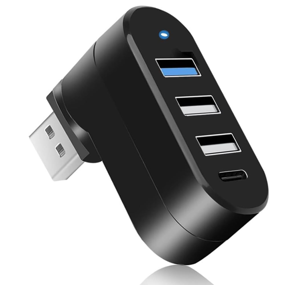 Four Port USB Hub with Rotating Connector, Three USB Ports and One USB-C