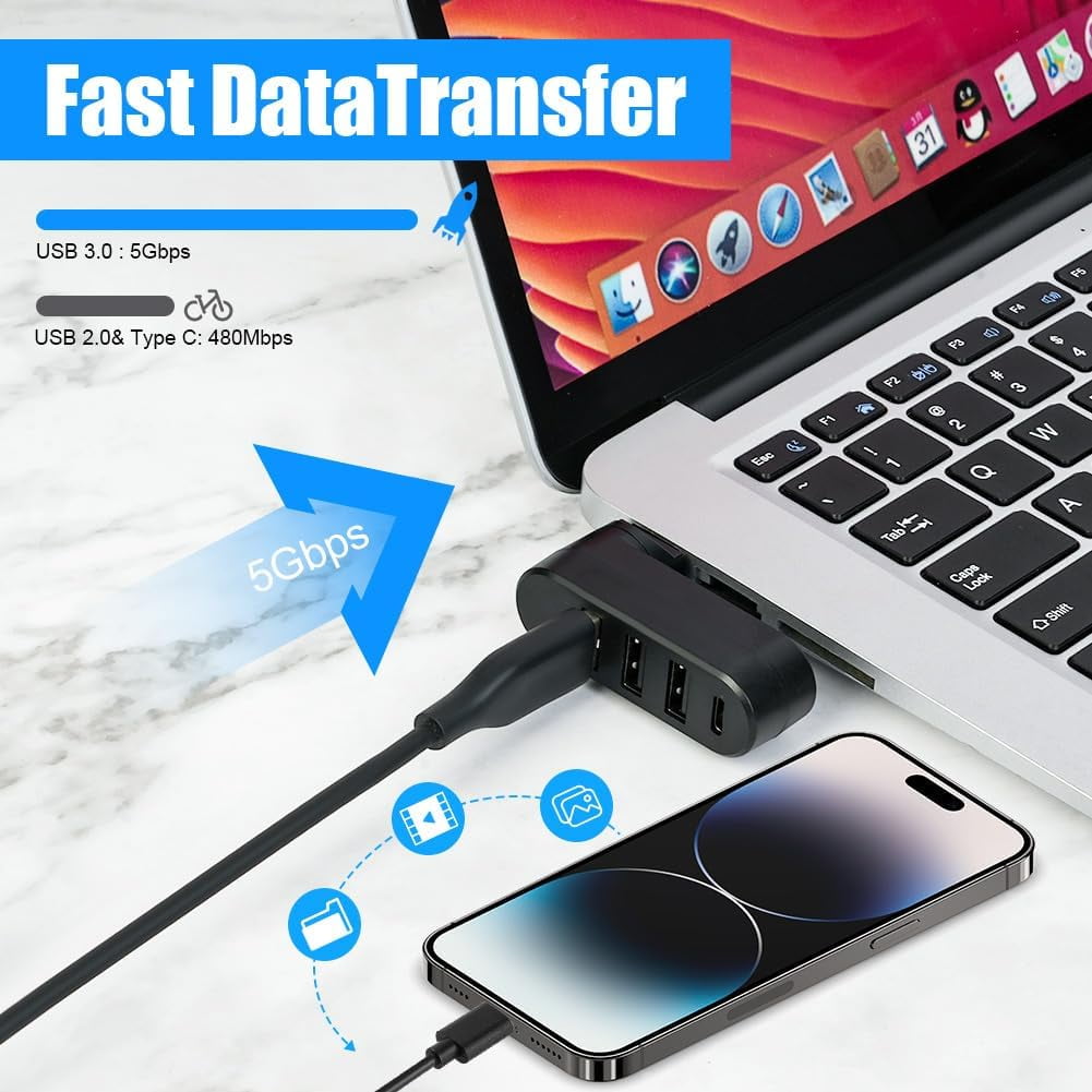 Four Port USB Hub with Rotating Connector, Three USB Ports and One USB-C - Image 6