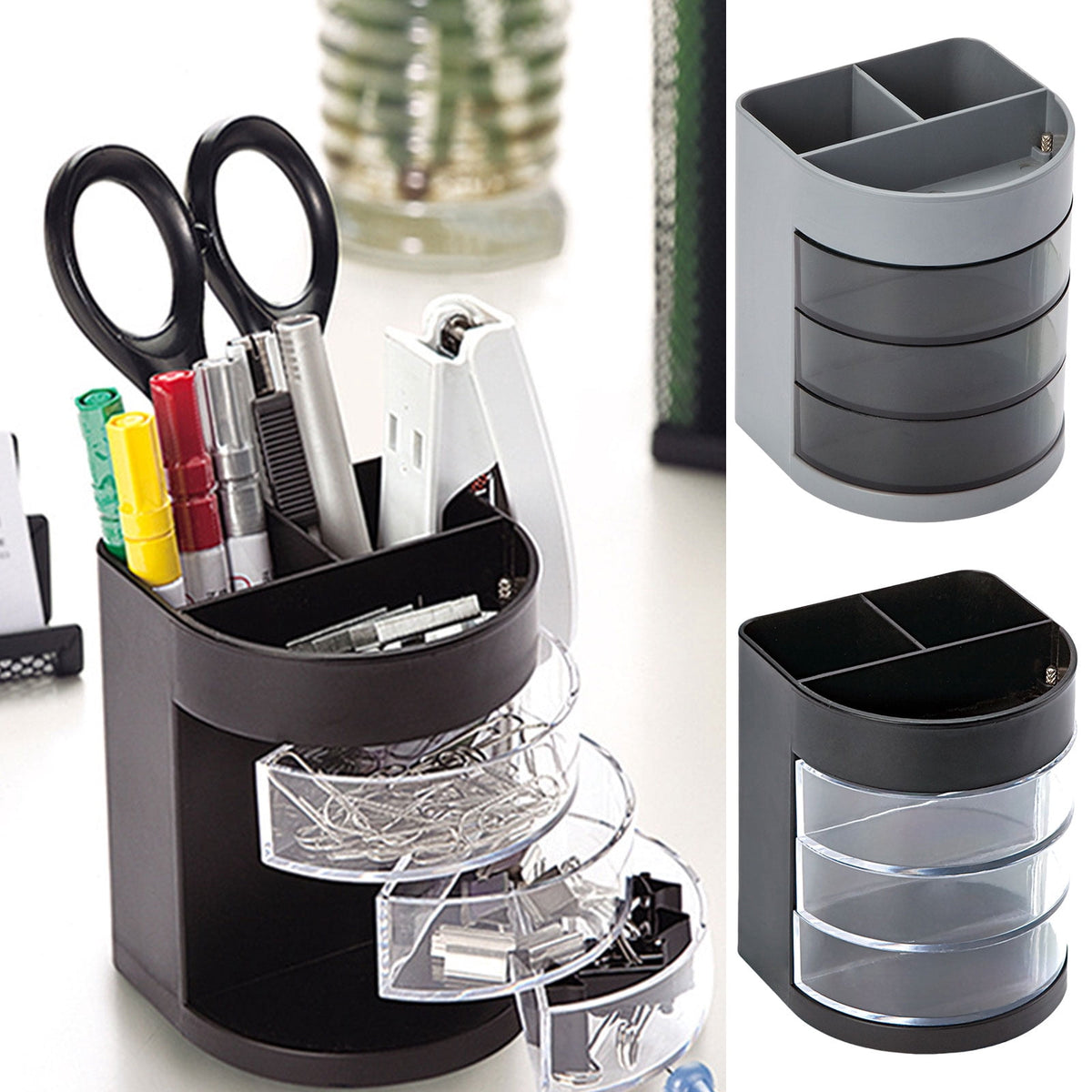 Rotating Desk Caddy with Three Clear Drawers and Two Pen Wells - Image 3