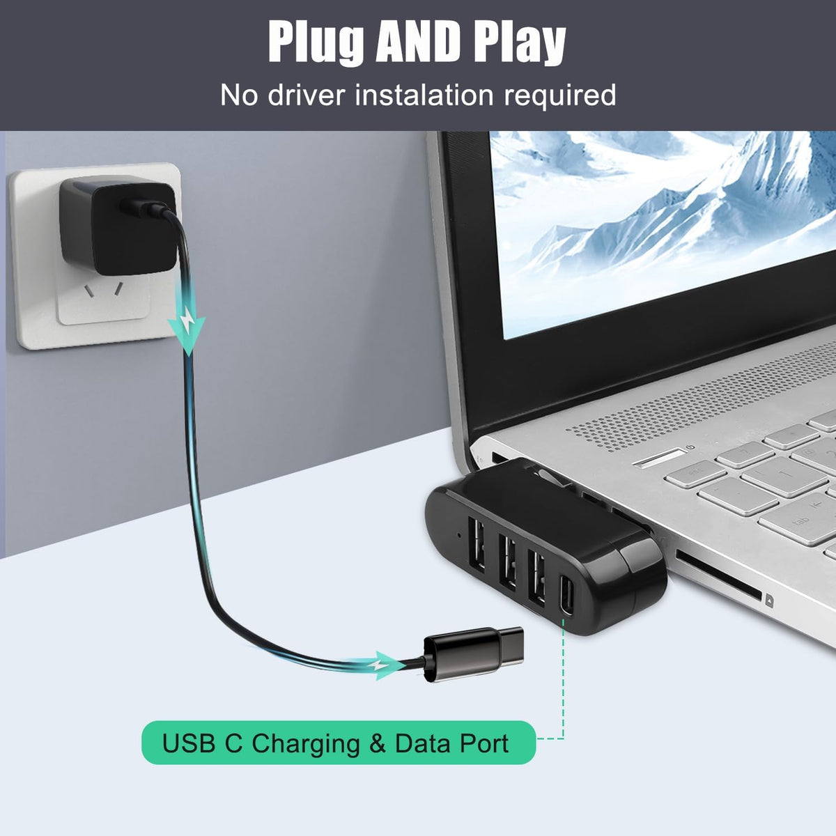 Four Port USB Hub with Rotating Connector, Three USB Ports and One USB-C - Image 5