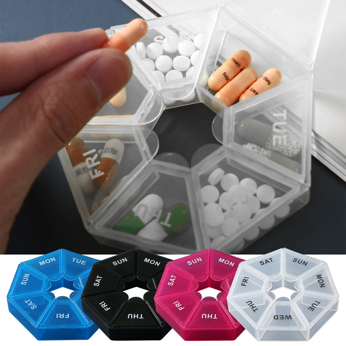 Weekly Pill Organizer with Seven Coloured Lids, Round Travel Case - Image 3