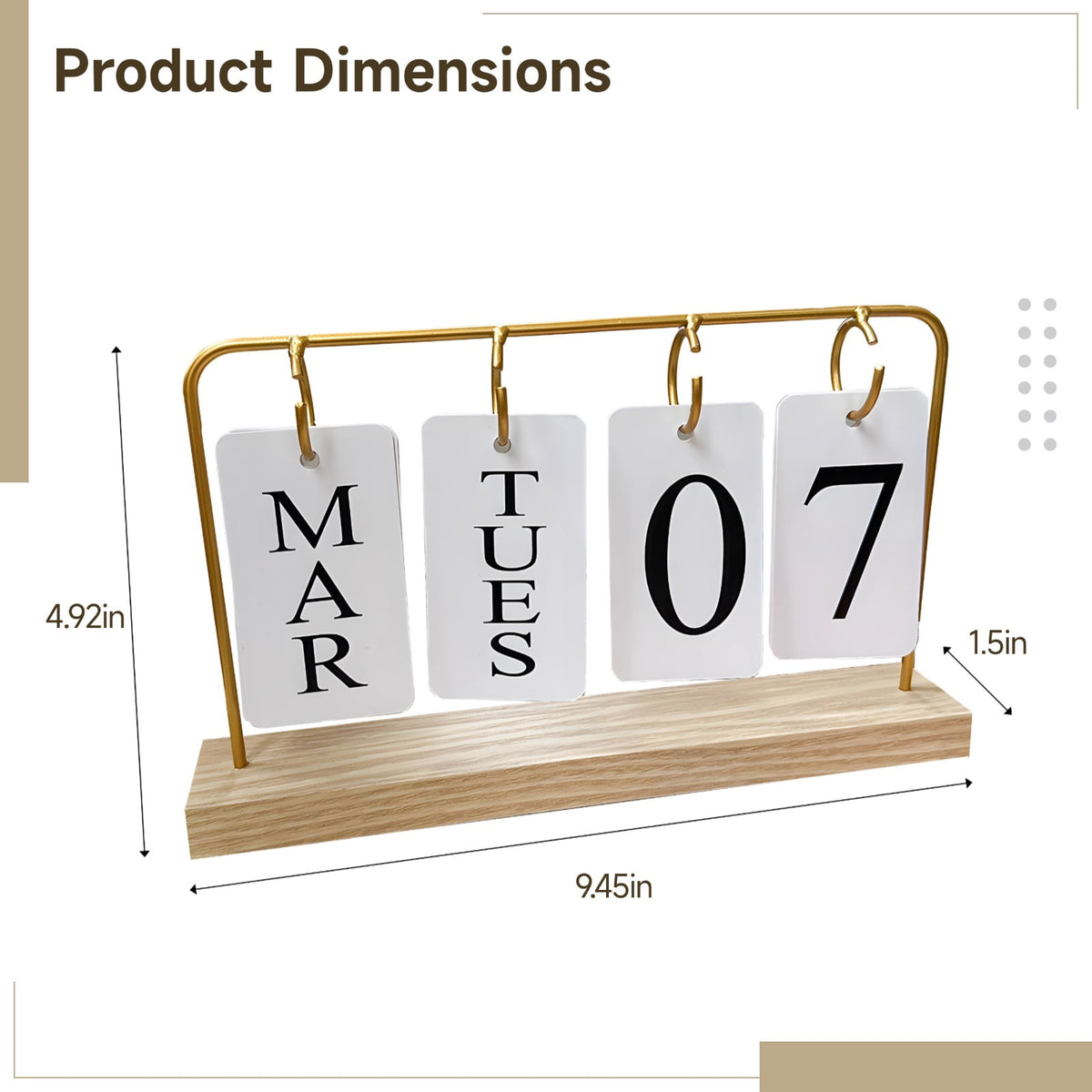 Wooden Flip Calendar with Gold Frame, Perpetual Desk Block for Month and Date - Image 4